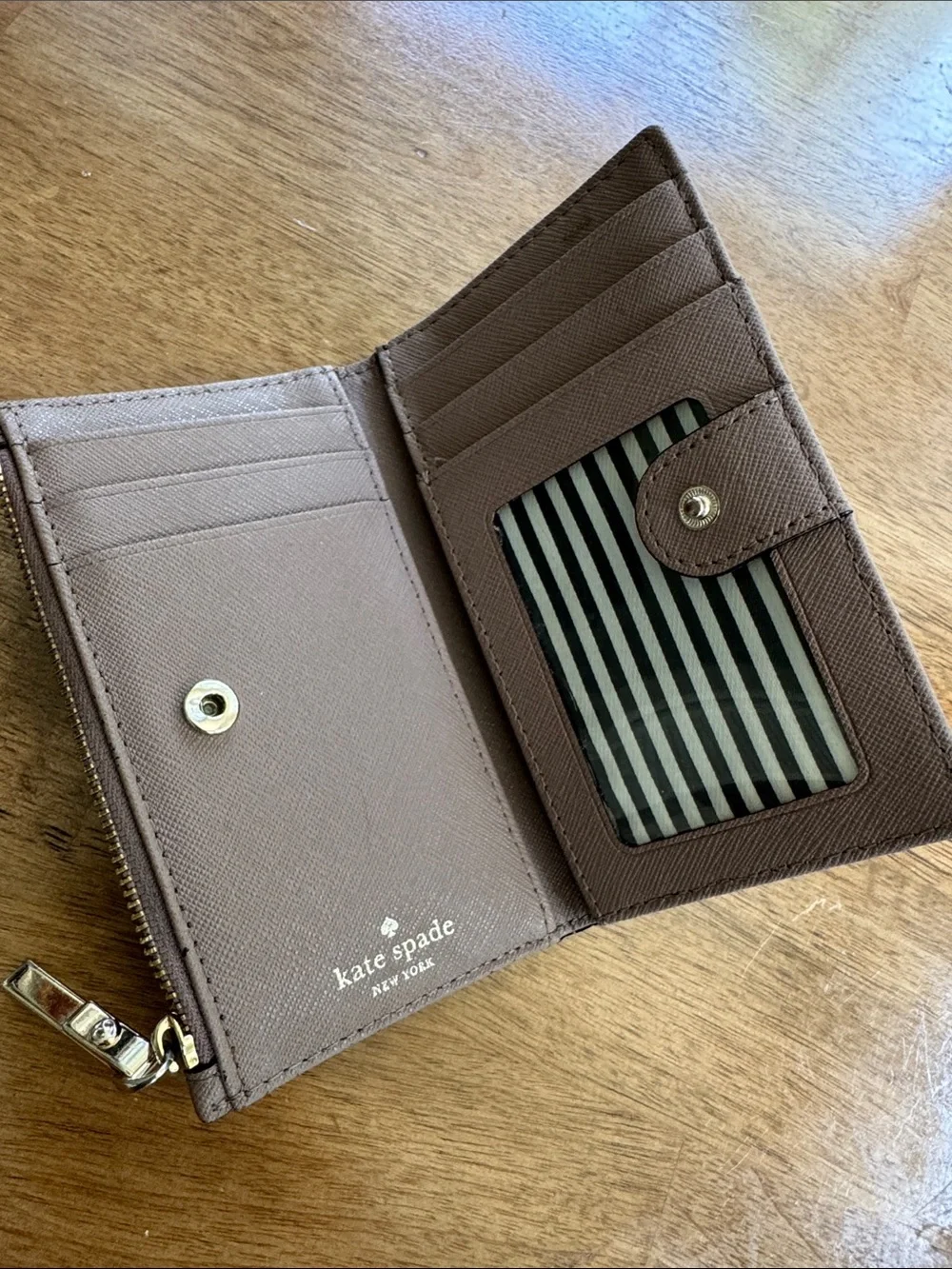 kate spade taupe brown zip card holder with gold hardware